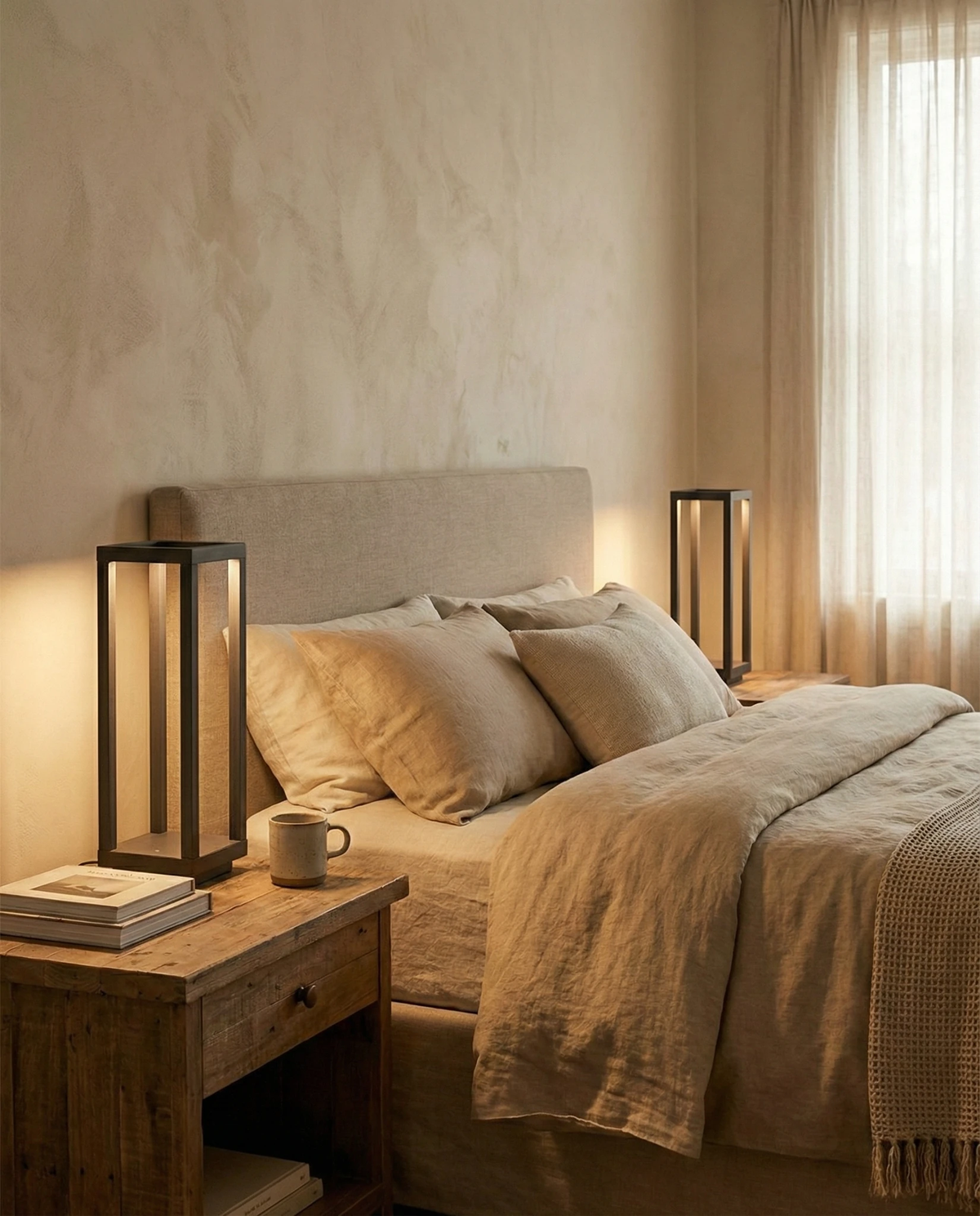 Pair of cordless outdoor table lamps FARO No.07 lit on wooden nightstands either side of a bed with linen bedding