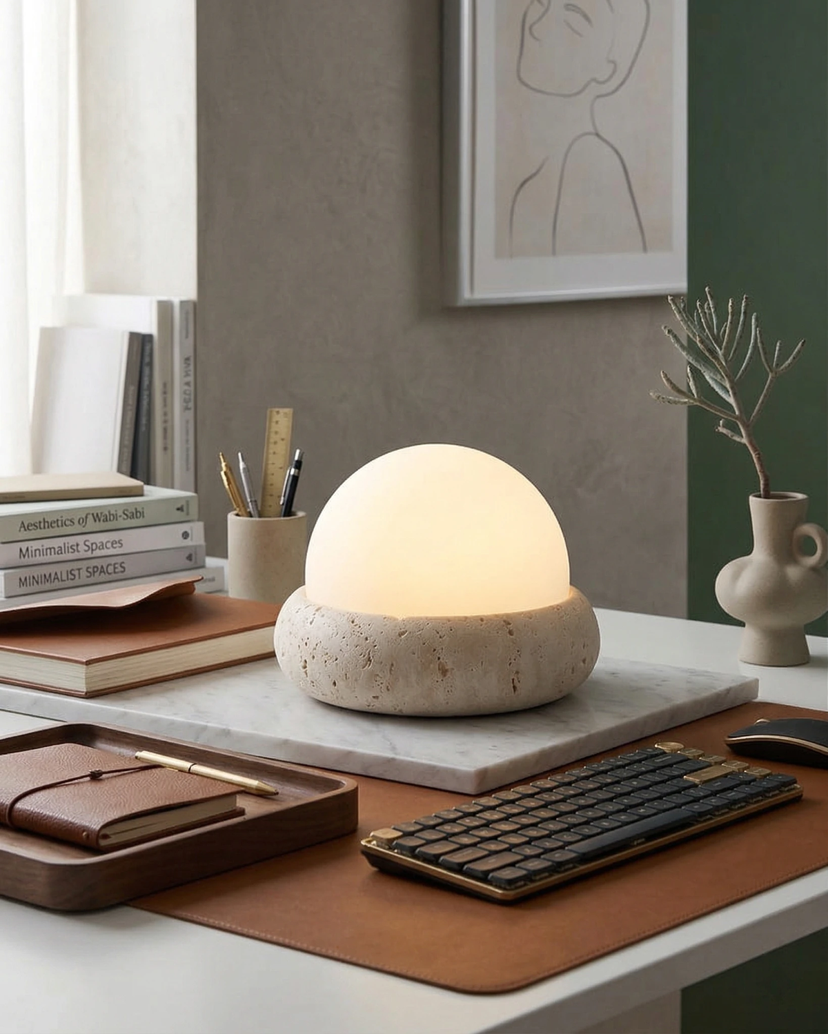 Cordless outdoor table lamp LUCE No.01 switched on at a desk with a keyboard, leather mat and papers
