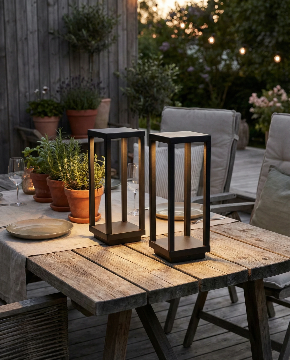 Two cordless outdoor table lamps FARO No.07 lit on a rustic wood dining table with terracotta pots at dusk