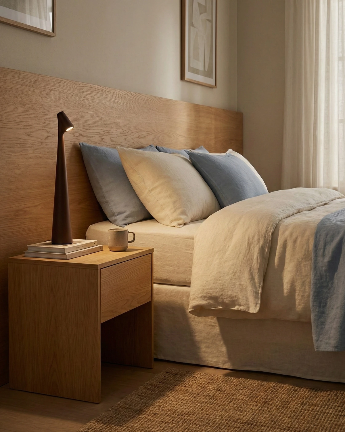 Cordless reading lamp TRIESTE No.01 in dark brown lit on an oak nightstand beside a bed with an oak headboard