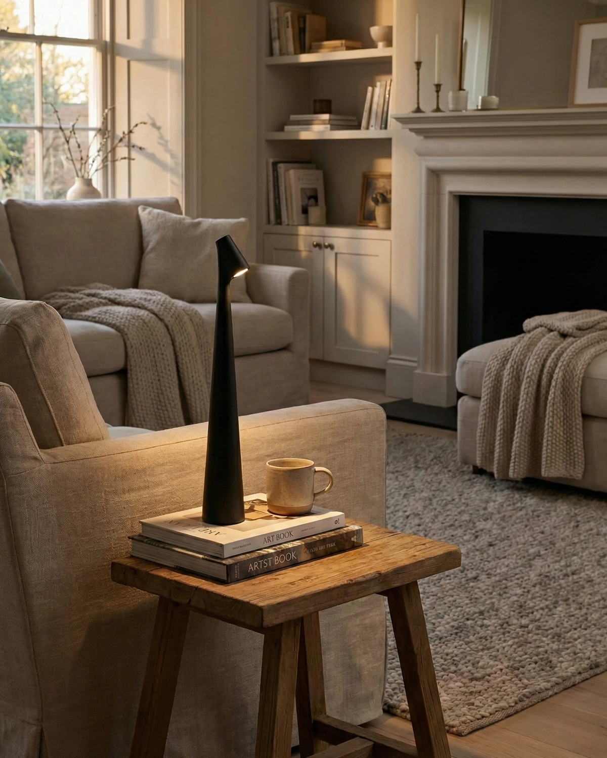 Cordless reading lamp TRIESTE No.01 in black lit on a wooden stool between armchairs by a fireplace