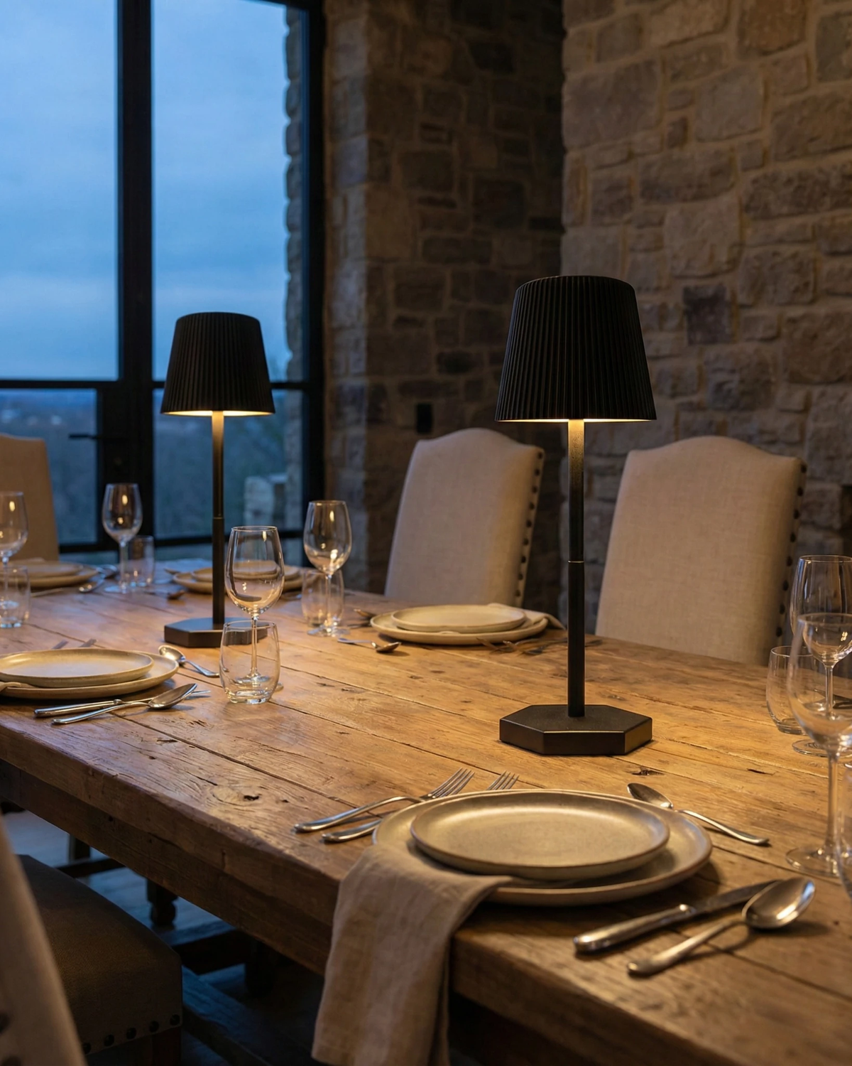 Cordless restaurant table lamp ANCONA No.01 in black on a wooden table at night