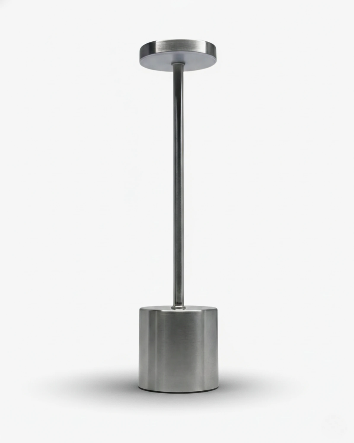 Cordless table lamp RIETI No.01 in brushed silver, slim column with flat disc head and cylinder base, unlit