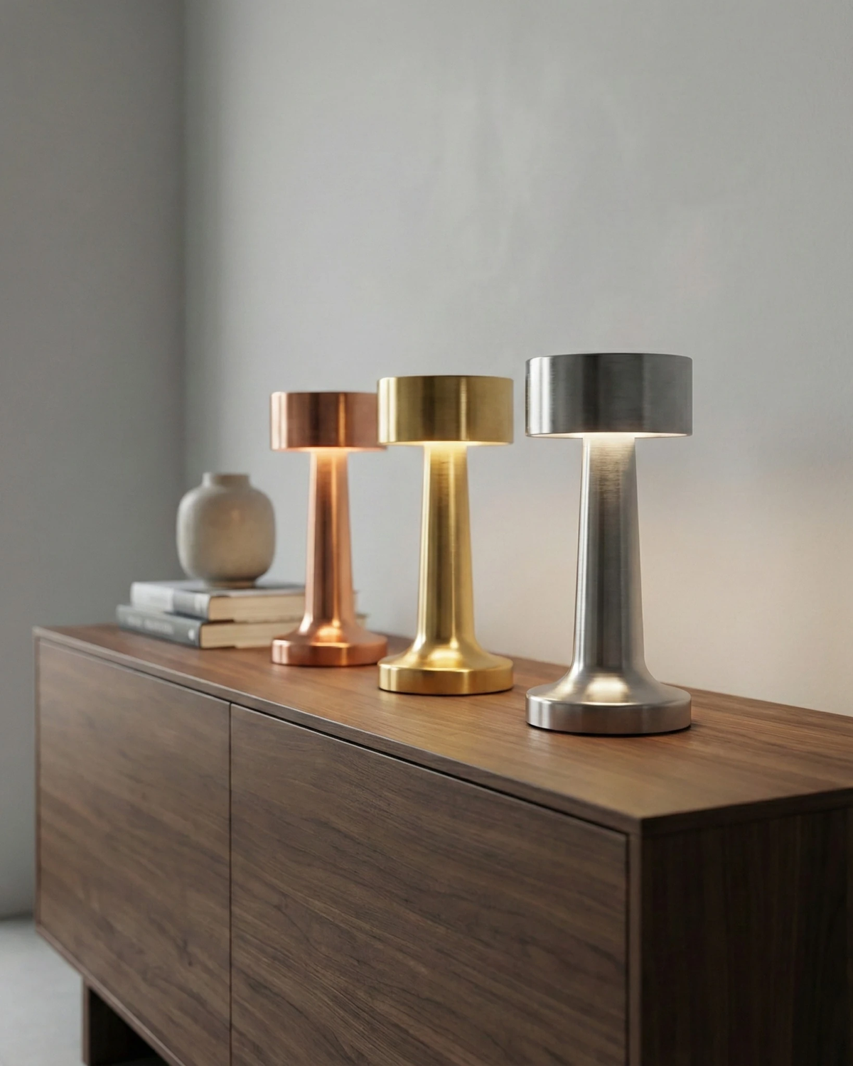 Cordless table lamp ISOLA No.01 in rose gold, gold and silver, three lamps lit on a walnut sideboard