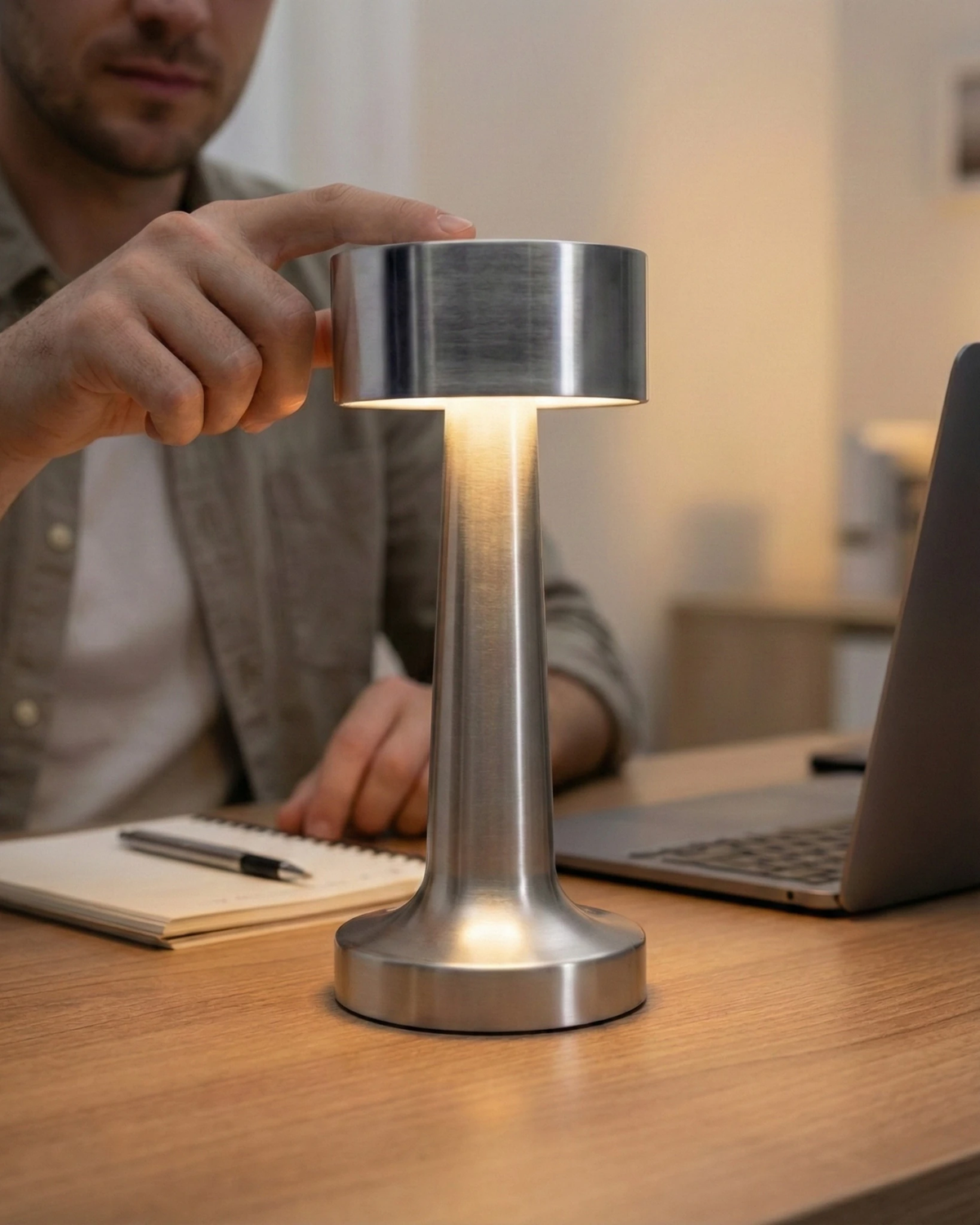 Cordless table lamp ISOLA No.01 in silver, lit on a desk with a laptop as a man touches the top