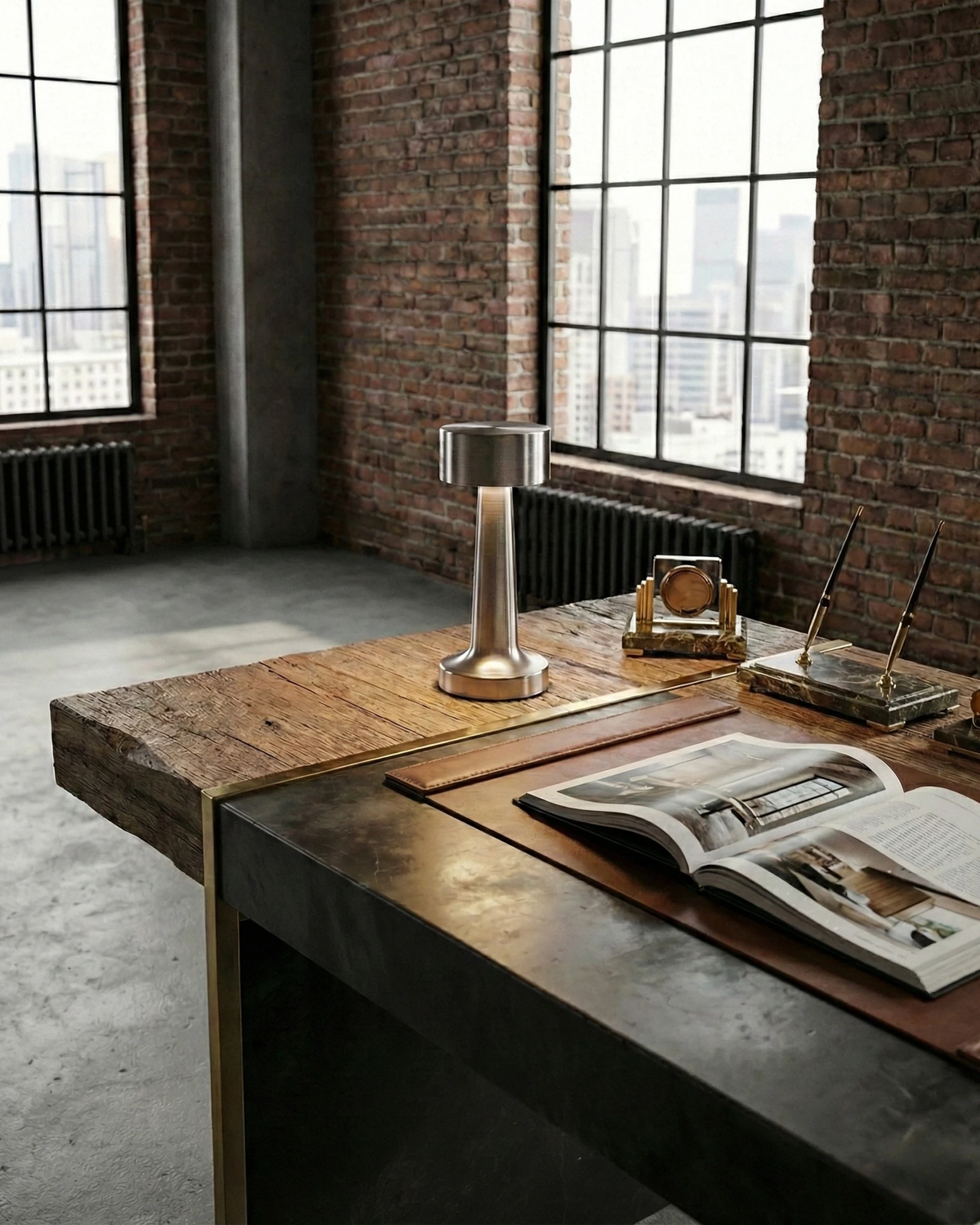 Cordless table lamp ISOLA No.01 in silver, lit on a wooden desk in a brick-walled loft by tall windows