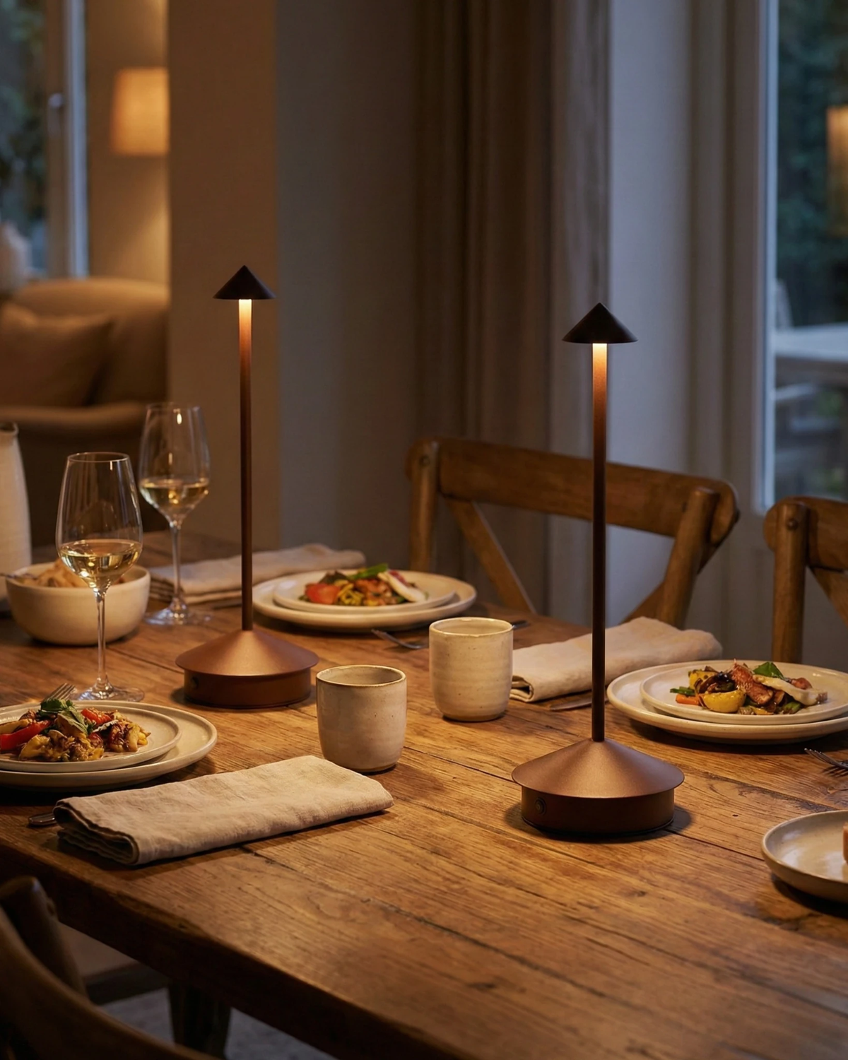 Two cordless table lamps FERRARA No.01 in brushed brown lit on a wooden dining table set with plates and wine