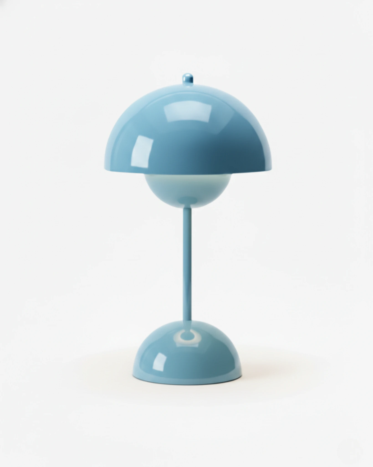 Cordless table lamp DOMA No.02 in a pale sky blue lacquer, flowerpot dome on a slim stem, unlit