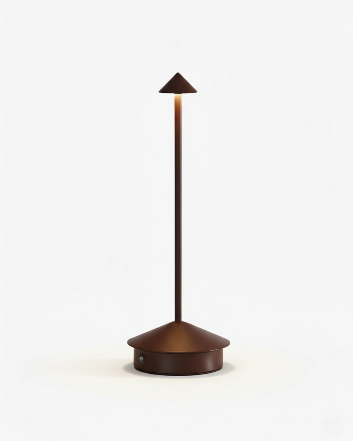Cordless table lamp FERRARA No.01 in Brushed Brown, small cone head on a slim stem and conical base, lit