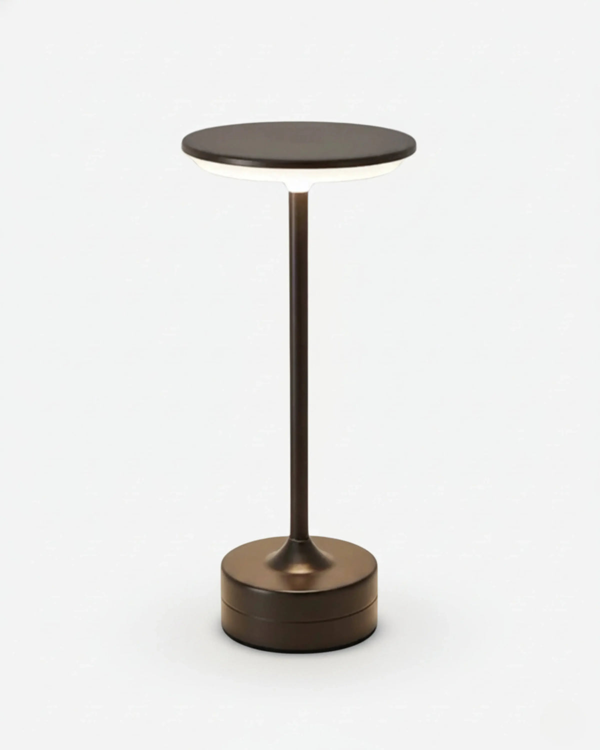 Cordless table lamp BRINDISI No.01 in Matte Black, flat disc top glowing on a slim pedestal and round base