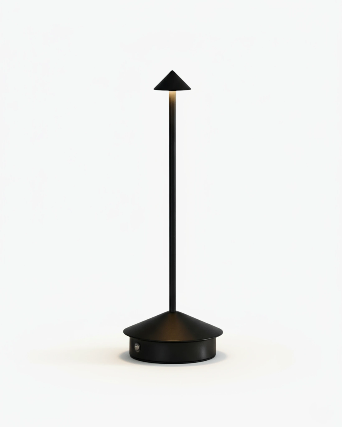 Cordless table lamp FERRARA No.01 in Matte Black, black cone head lit on a slim stem with a conical base