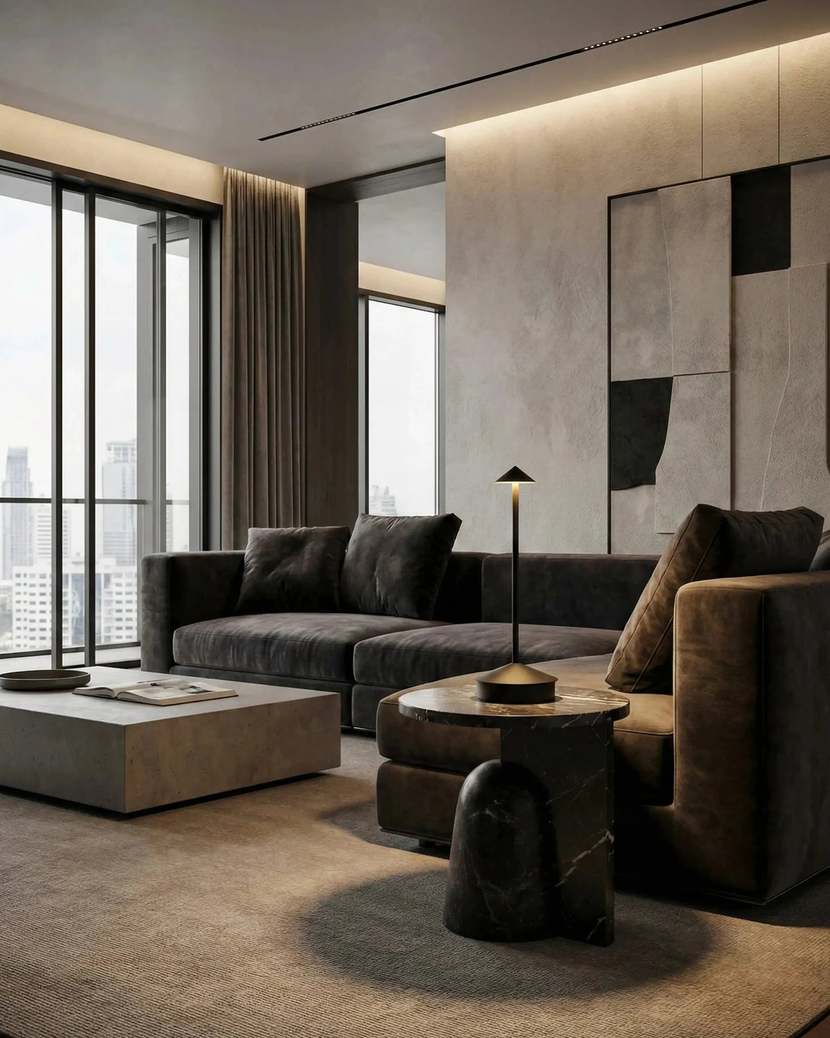 Cordless table lamp FERRARA No.01 in matte black lit on a black marble side table in a modern living room