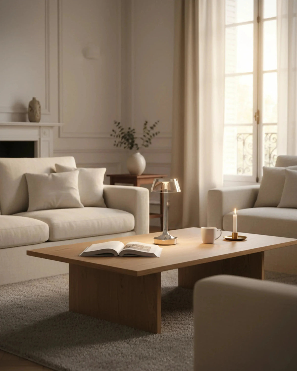 Cordless table lamp ZARA No.01 in chrome on a wooden coffee table with a book in a daylit living room
