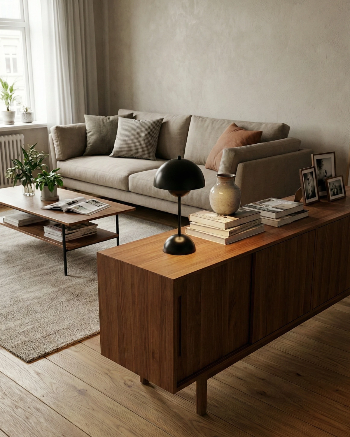 Cordless table lamp DOMA No.02 in black on a walnut sideboard in a living room with a grey sofa