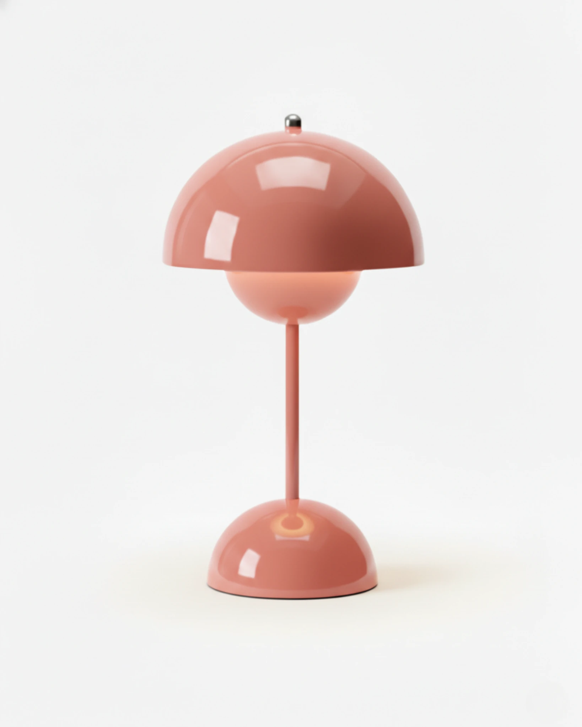 Cordless table lamp DOMA No.02 in Powder Pink, soft pink lacquered dome and base, switched off