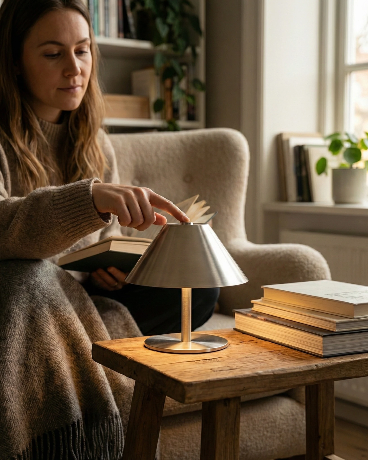 Cordless table lamp LUMA No.03 in brushed silver, lit on a side table with books as a woman reads in an armchair