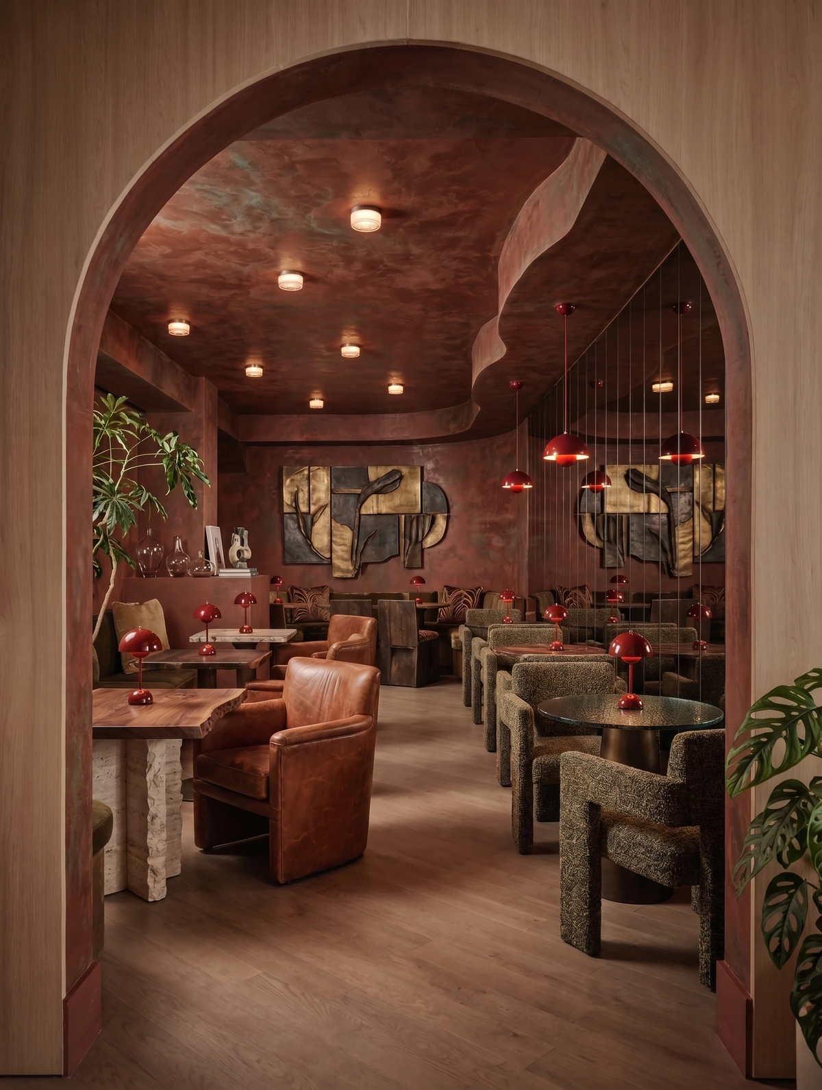 Several cordless table lamps DOMA No.02 in wine red lit on the tables of a restaurant lounge seen through an arch