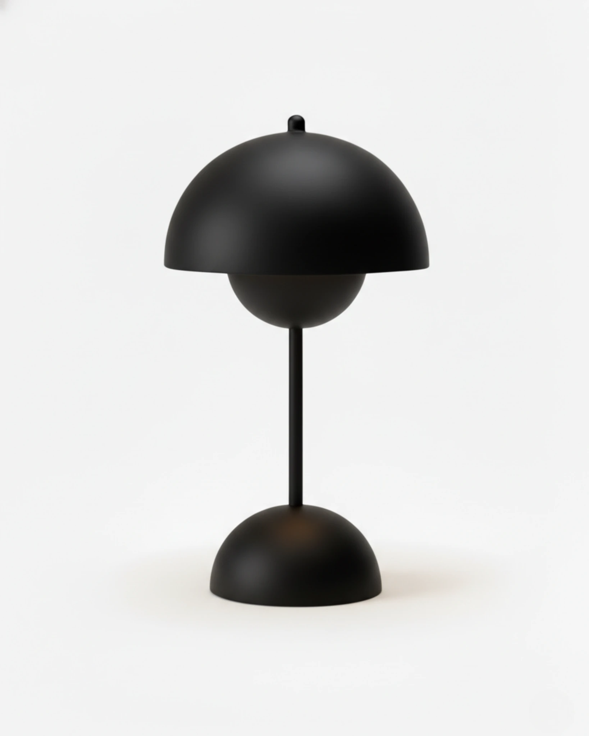 Cordless table lamp DOMA No.02 in Volcano Black, black flowerpot dome, stem and rounded base, unlit