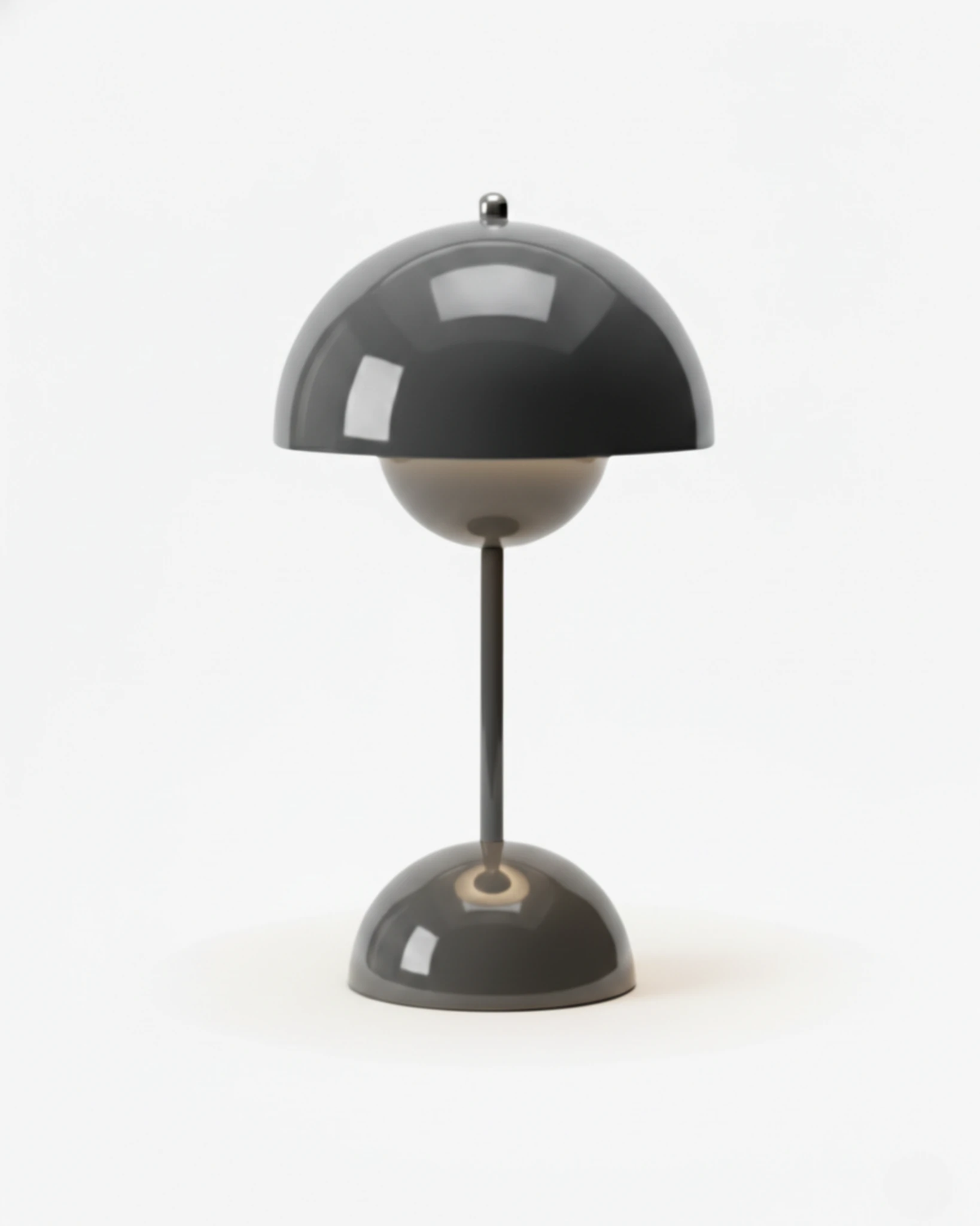Cordless table lamp DOMA No.02 in Warm Grey, dark grey glossy dome on a slim stem and round base