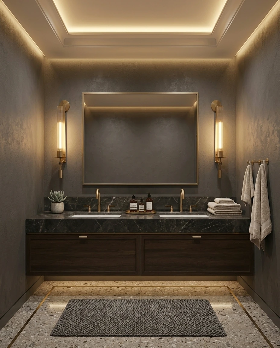 Forged iron wall sconce TORRE No.01, two gold torches lit flanking a mirror above a dark stone double vanity