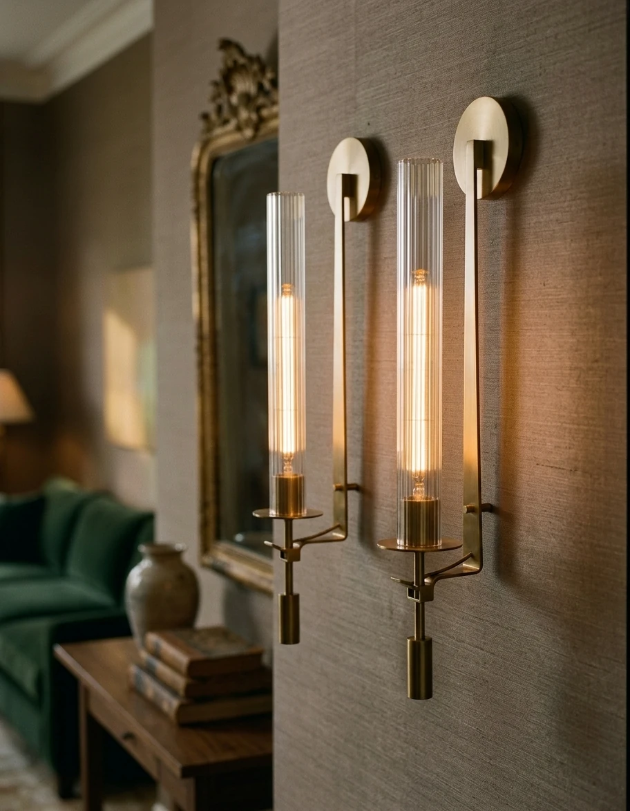 Two forged iron wall sconces TORRE No.01 in gold lit beside an ornate gilt mirror above a wood console table