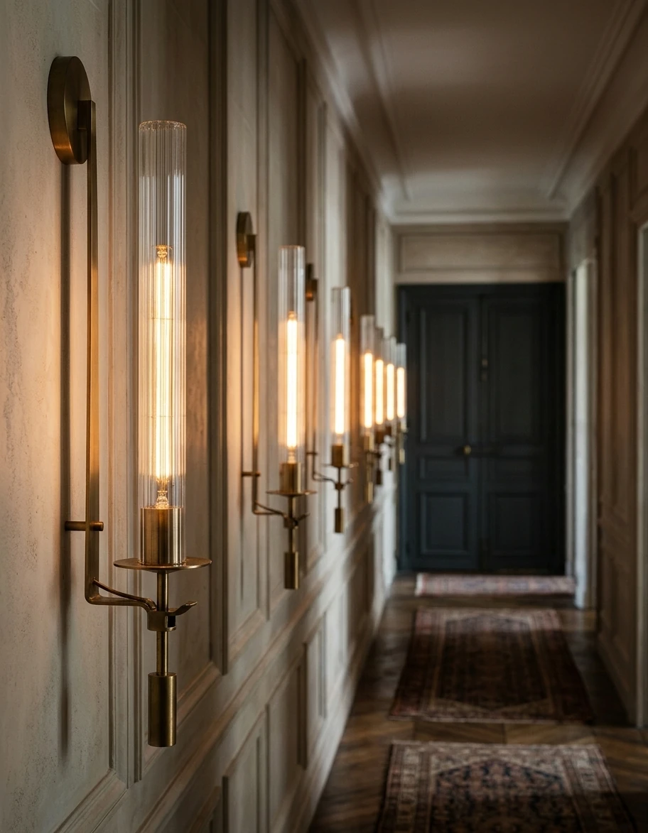 Forged iron wall sconce TORRE No.01, several gold sconces lit in a row along a paneled hallway toward a navy door