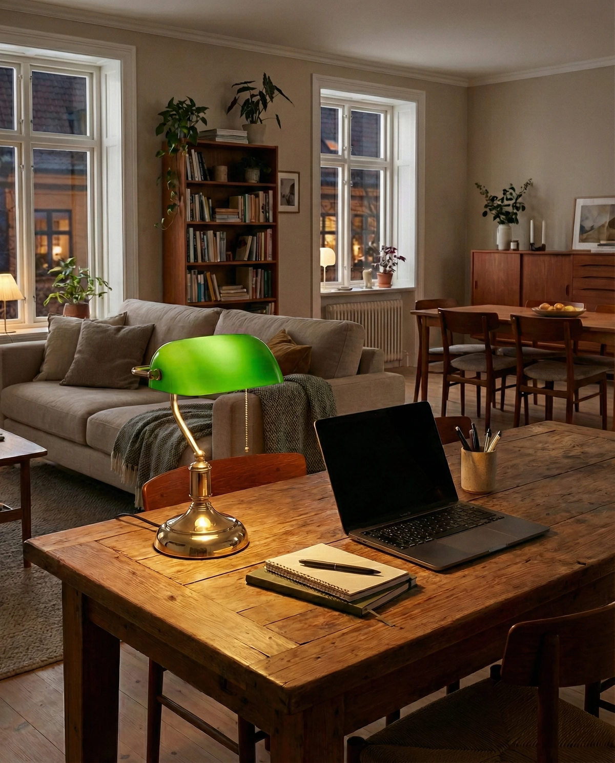 Glass desk lamp BANCO No.01 in green lit on a wooden desk with a laptop in an apartment living room
