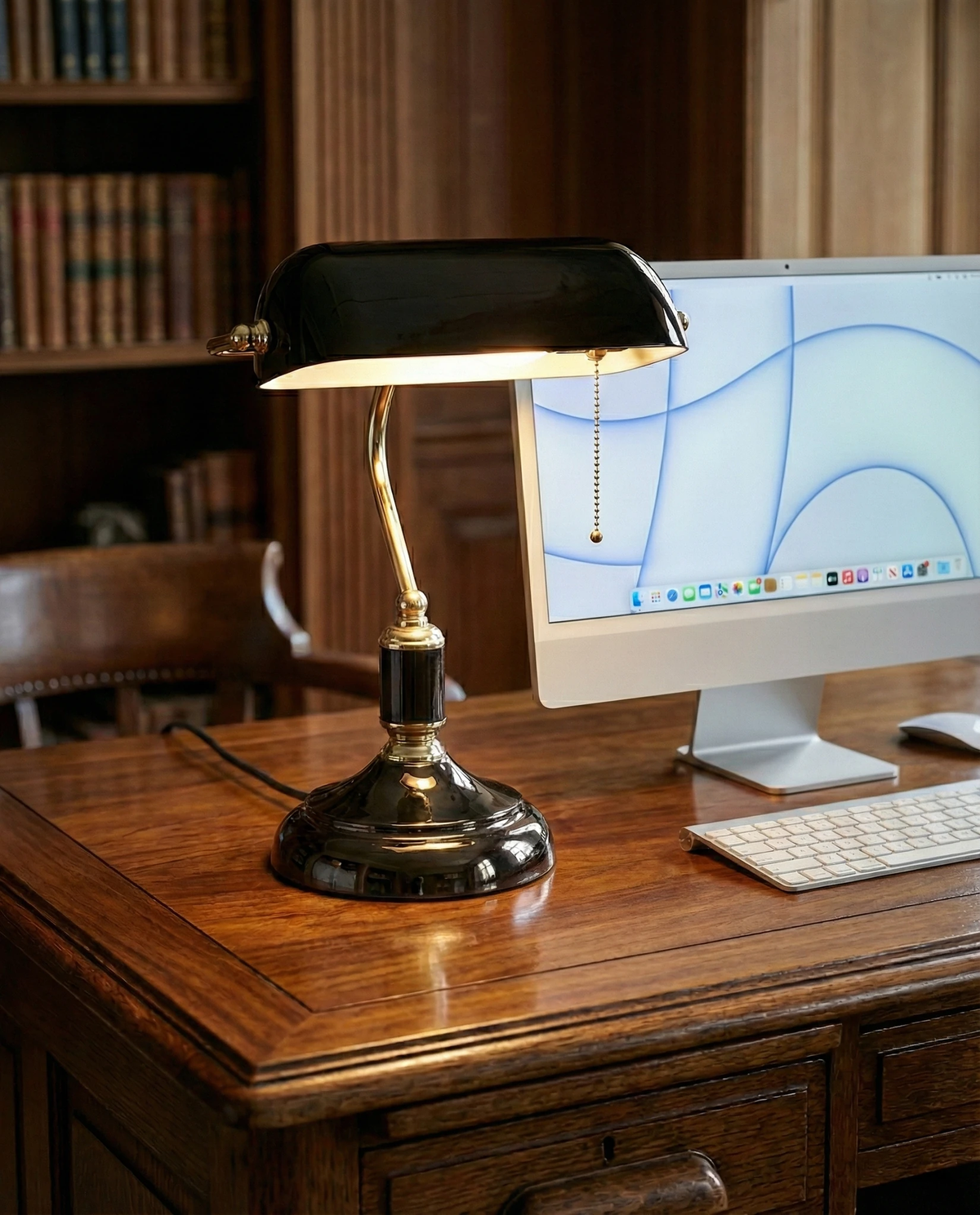Glass desk lamp BANCO No.01 in black switched on next to a computer monitor on a wooden desk with bookshelves