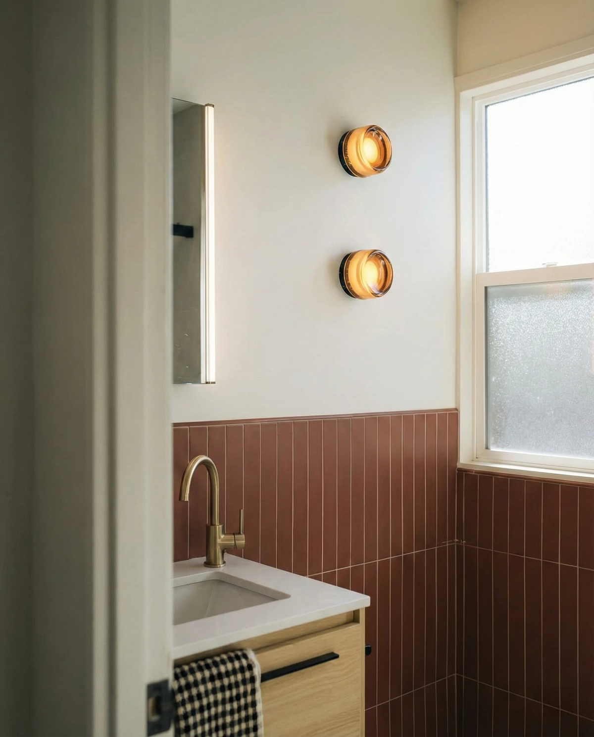 Glass wall sconce HALO No.08, two amber units stacked and switched on beside a bathroom vanity mirror