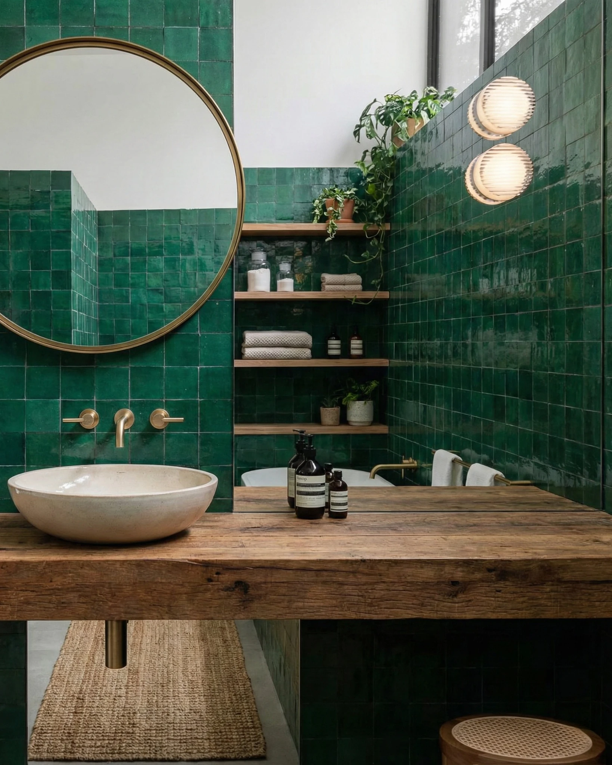 Glass wall sconce HALO No.08, two opal units lit beside a round mirror on a green tiled bathroom vanity