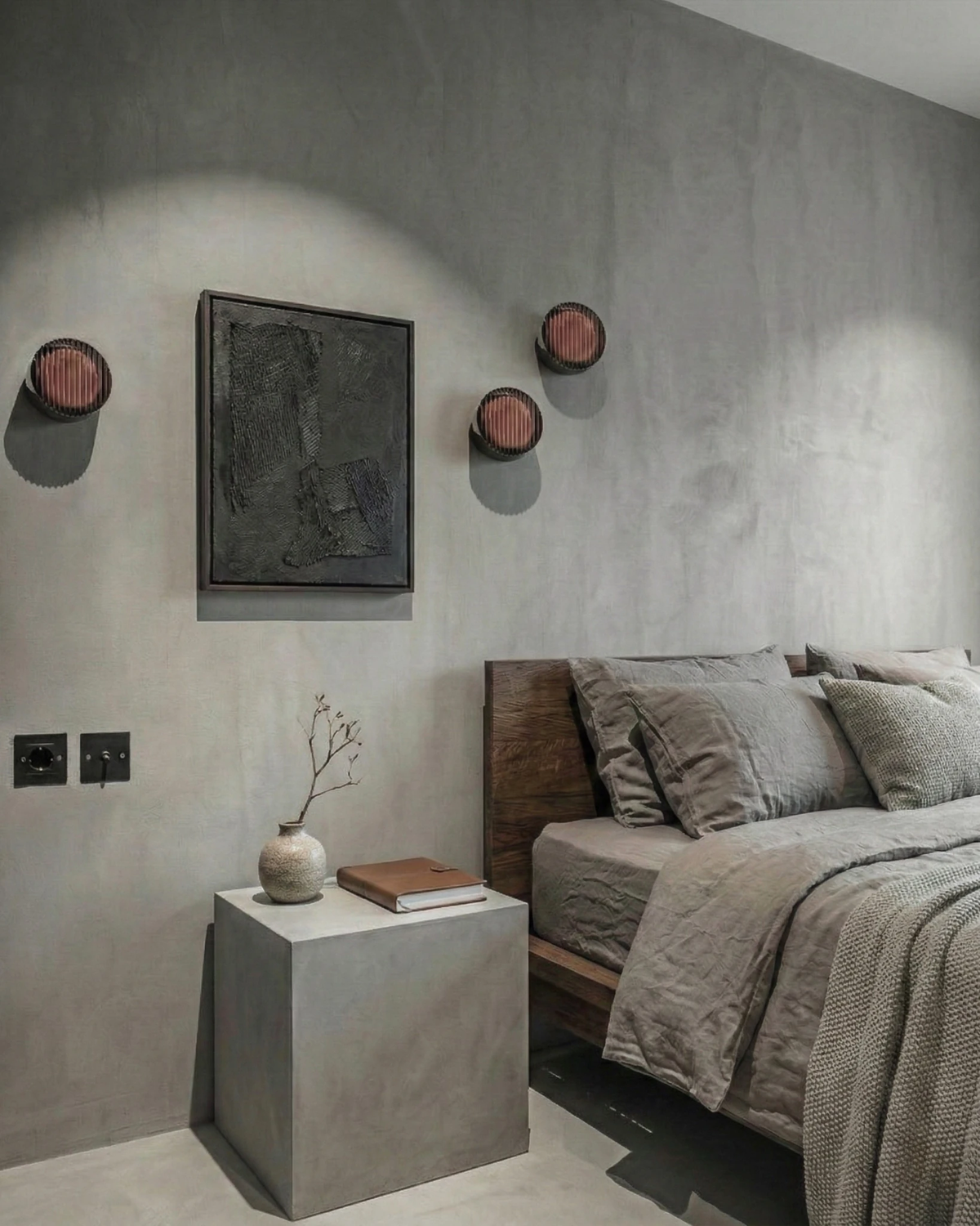 Glass wall sconce HALO No.08, three amber units on a gray plaster wall above a bed with linen bedding