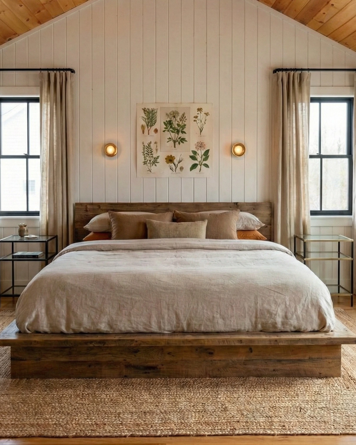 Glass wall sconce HALO No.08, a pair switched on either side of a botanical print above a bed