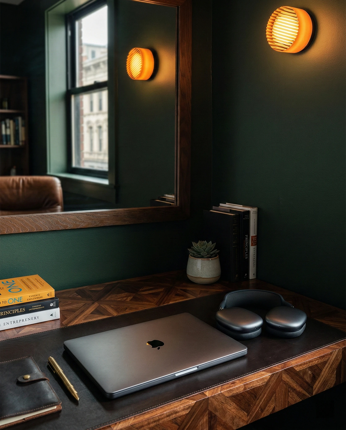 Glass wall sconce HALO No.08 in amber fluted glass, lit above a wooden desk with a laptop