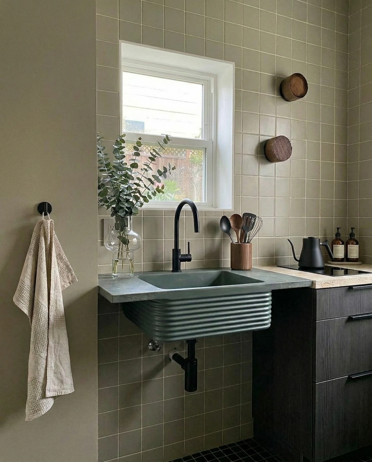 Glass wall sconce HALO No.08, two dark glass units beside a kitchen window over a green tiled sink wall