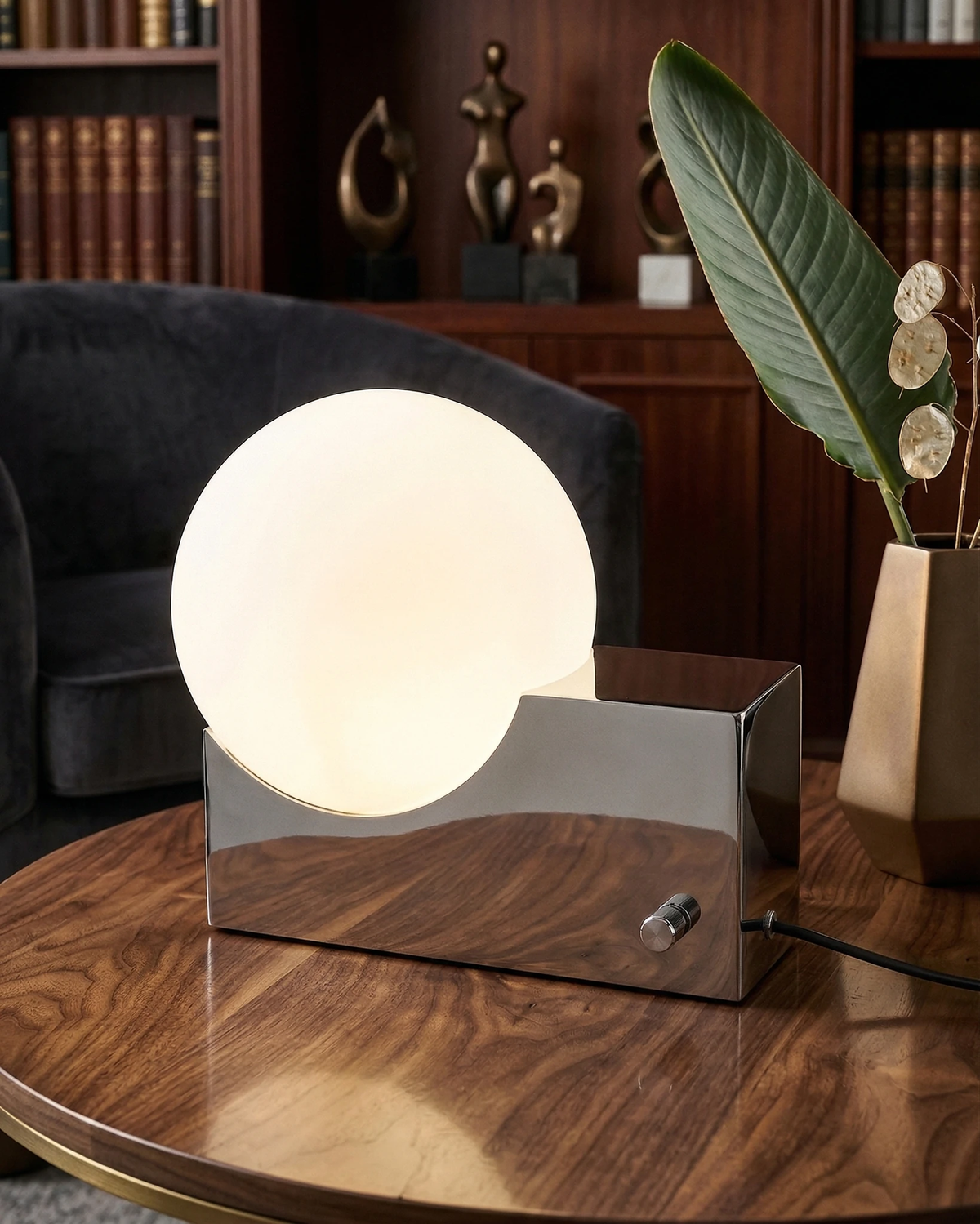 Globe desk lamp NOVA No.01 in chrome lit on a round walnut table in front of bookshelves and a vase with a leaf