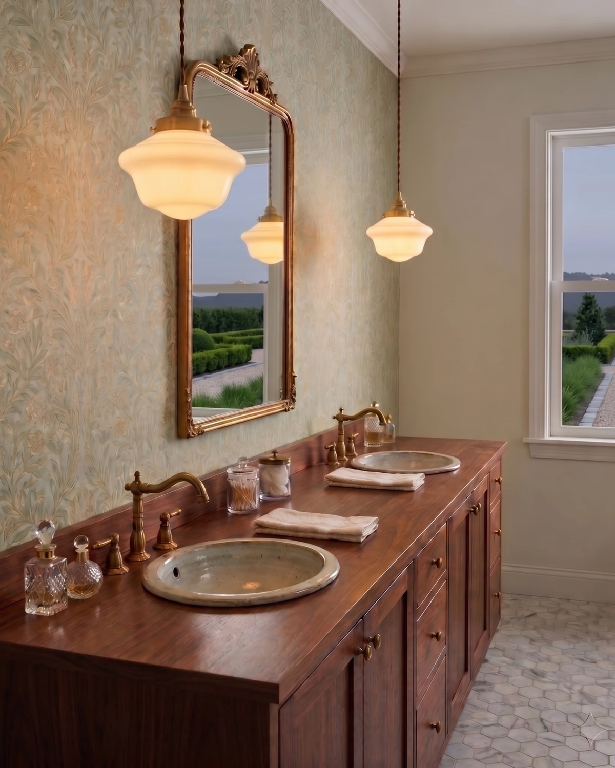 Globe pendant light SCOLA No.01, a lit pair flanking an ornate mirror over a wooden double vanity with copper sinks
