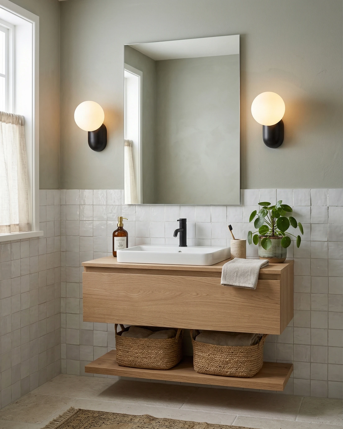 Globe wall sconce AURA No.04 in volcano black, a lit pair flanking a mirror above a wooden bathroom vanity