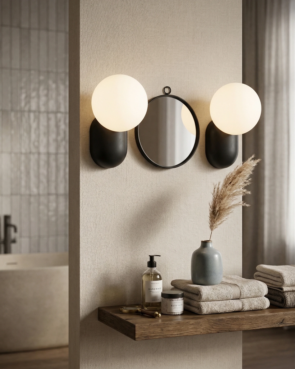 Globe wall sconce AURA No.04 in volcano black, two lit units either side of a round mirror on white tile