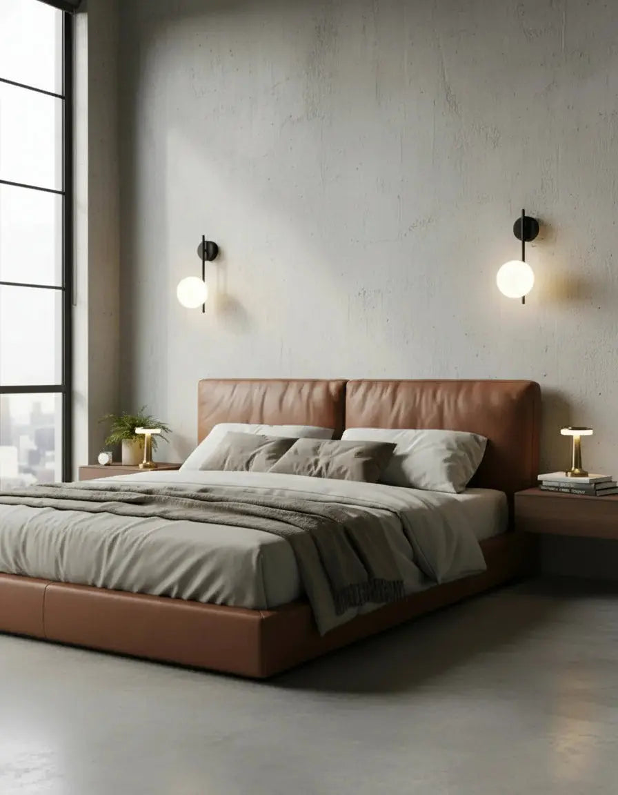 Pair of globe wall sconces ASTRO No.01 in matte black lit above a bed with a brown leather headboard