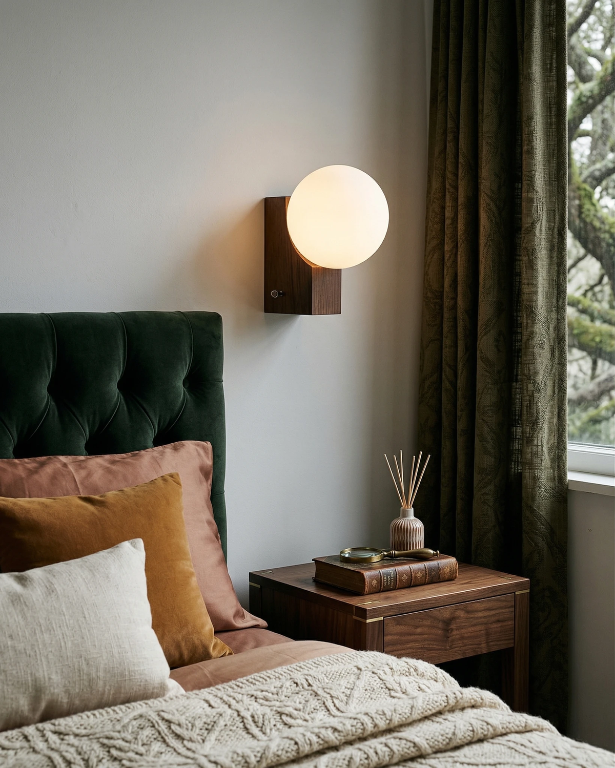 Globe wall sconce ELBA No.01 in walnut lit above a green tufted headboard beside a walnut nightstand