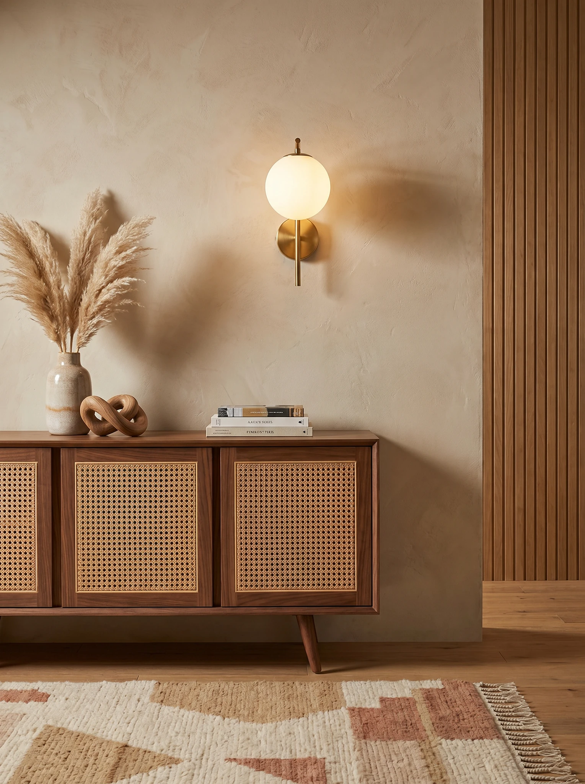 Globe wall sconce MIRA No.01 in brass switched on above a cane sideboard with pampas grass by a slatted wood wall