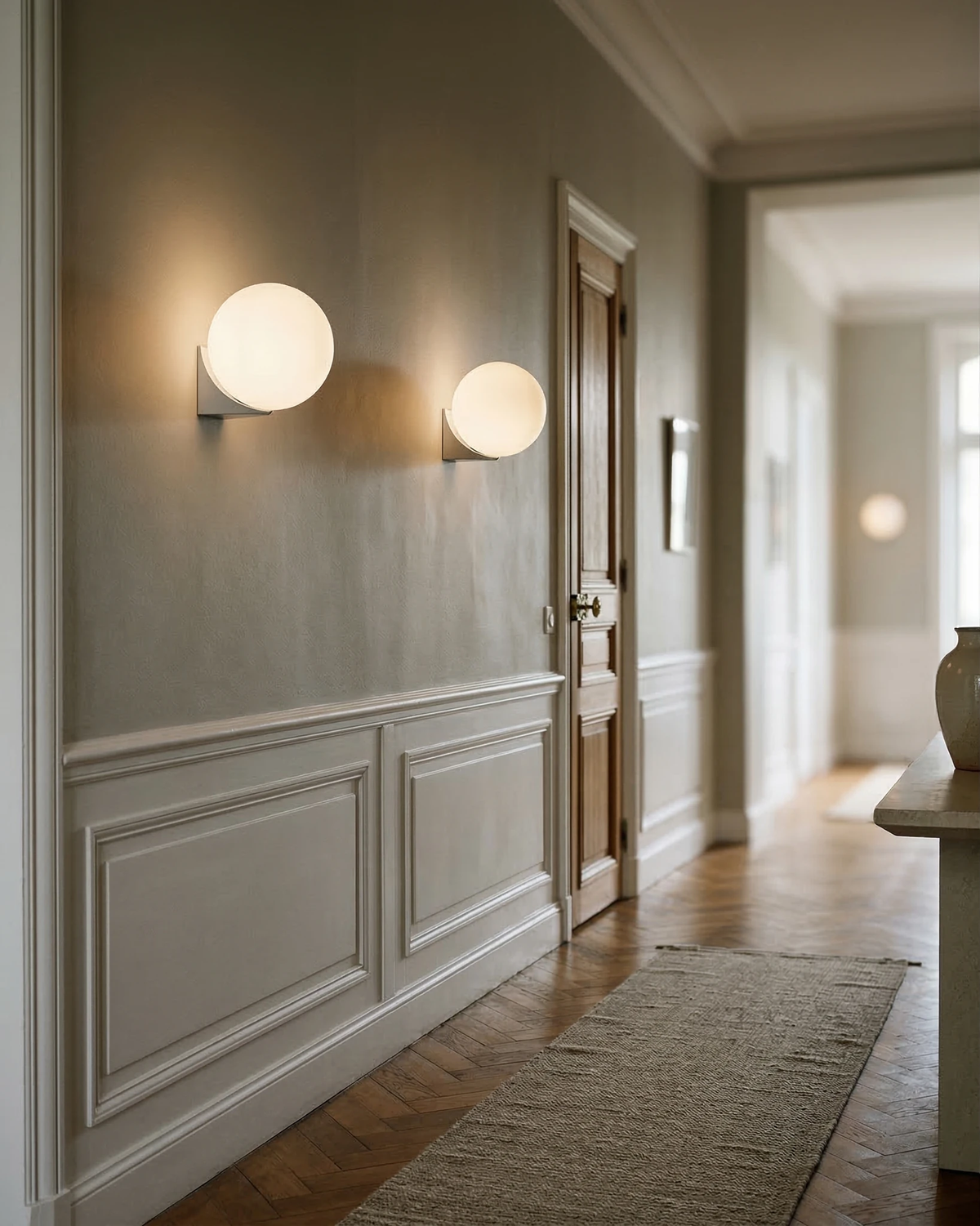 Two globe wall sconces AURA No.03 single lit along a hallway with wainscoting and a wood floor
