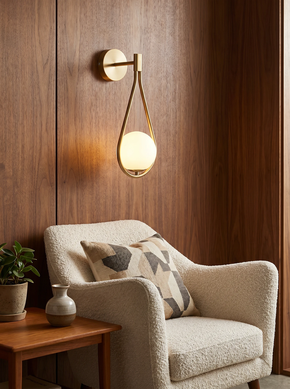 Globe wall sconce FILO No.01 in gold switched on against walnut paneling beside a boucle armchair
