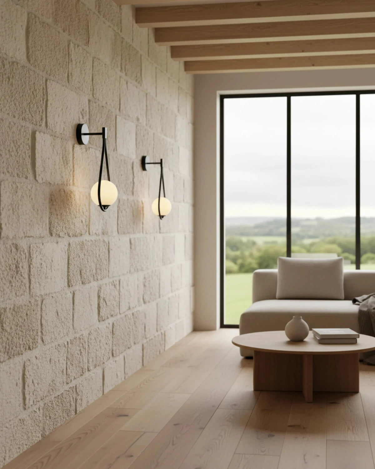 Globe wall sconce FILO No.01, two black units lit on a limestone block wall next to a tall window and sofa
