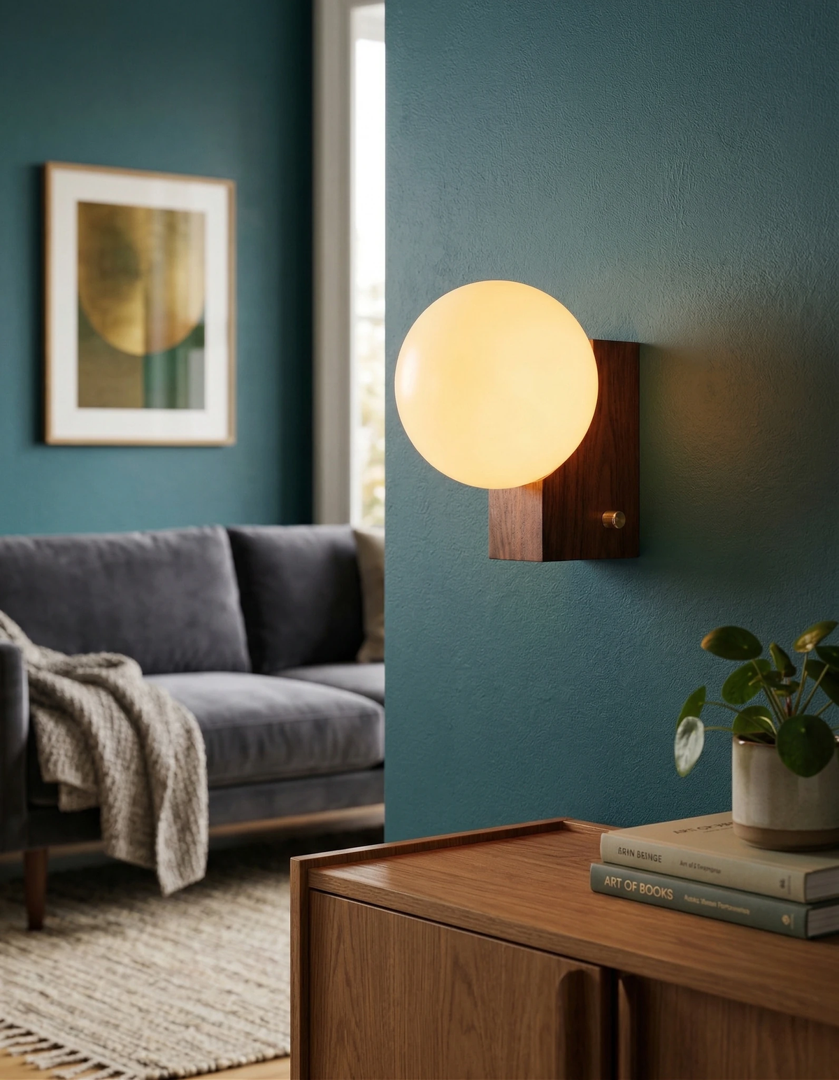 Globe wall sconce ELBA No.01 in walnut switched on against a teal wall above a gray sofa