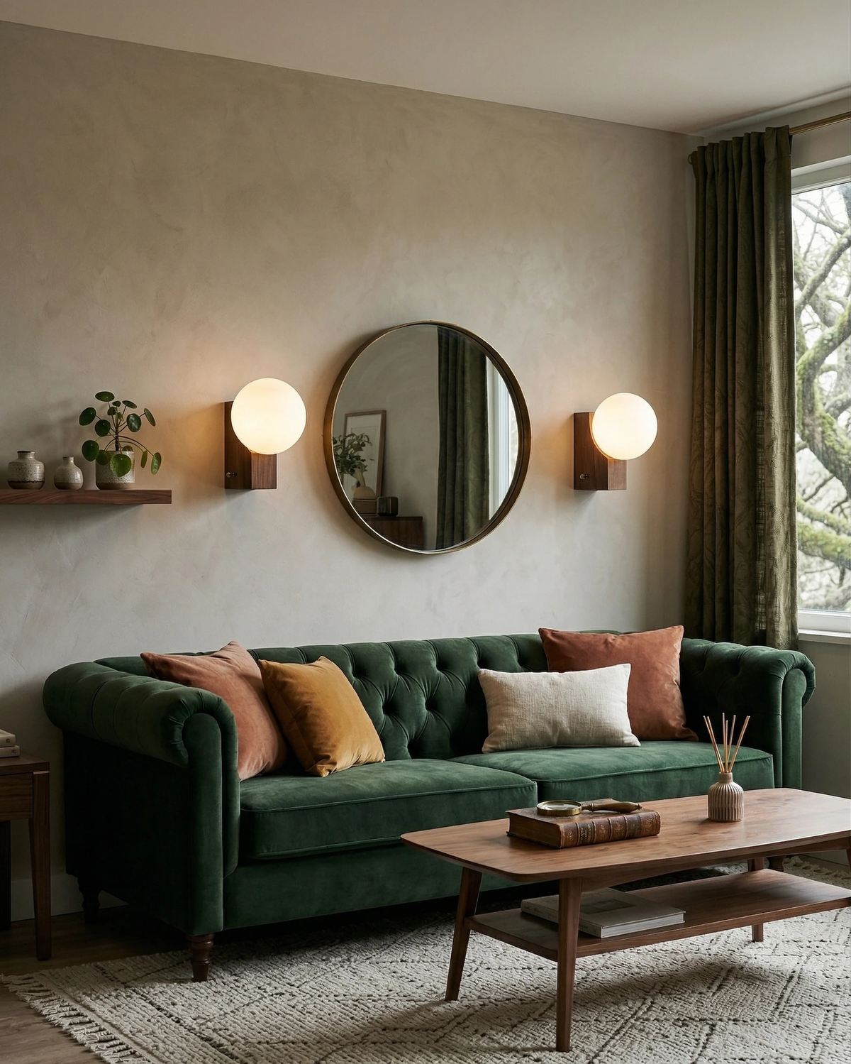 Two globe wall sconces ELBA No.01 lit either side of a round mirror above a green velvet sofa