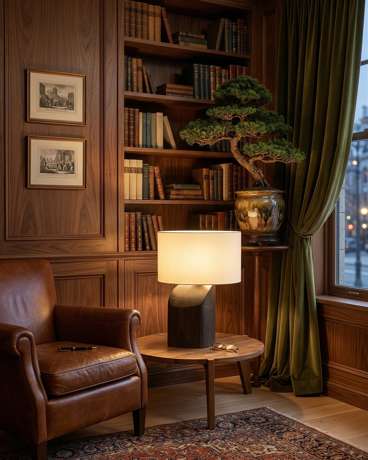 Linen shade table lamp ROCCA No.02 lit on a round side table by a leather armchair in a wood-paneled library
