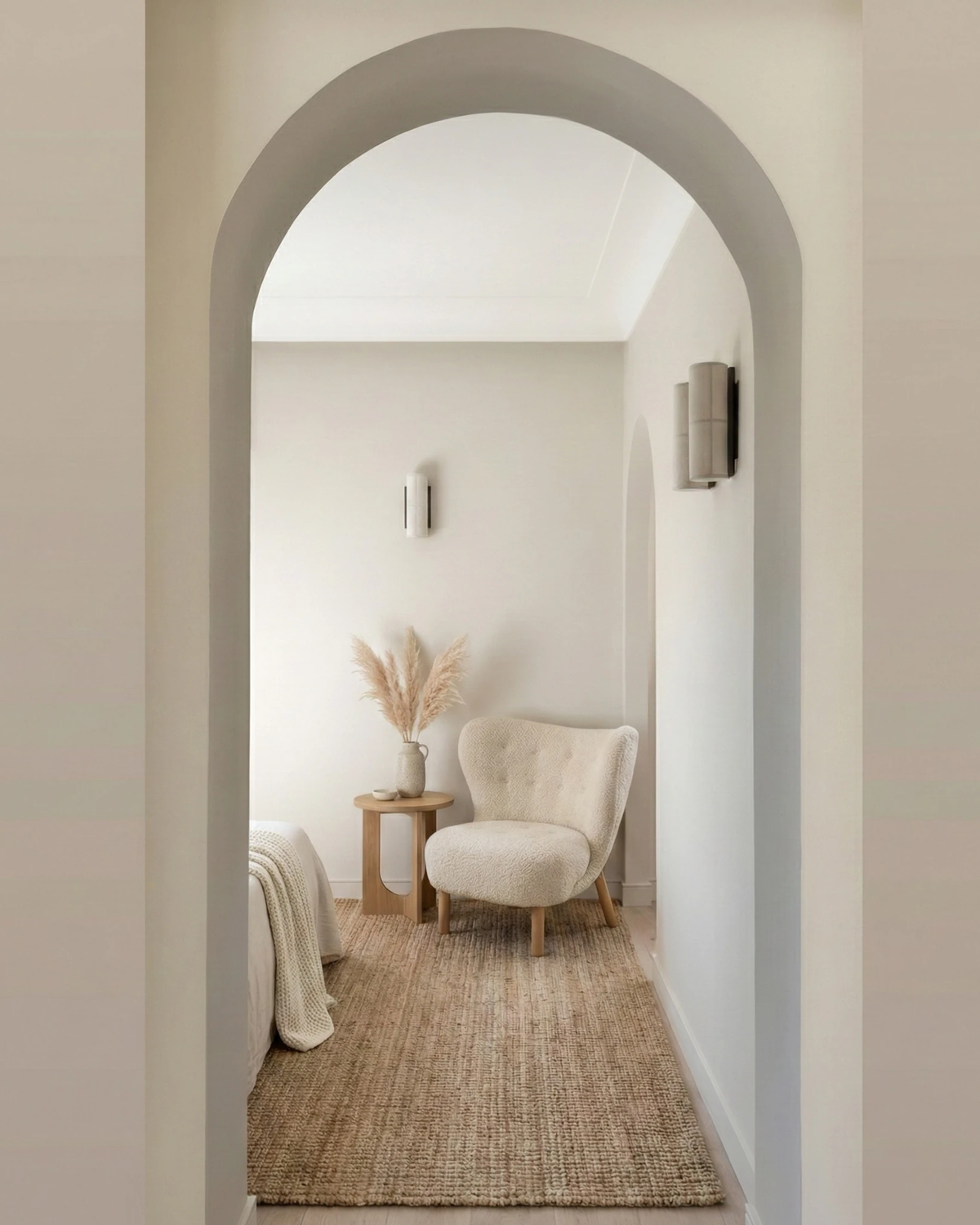 Linen shade wall sconce FUMO No.01 lit in an arched white hallway leading to a room with an armchair