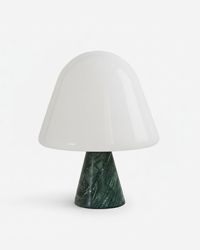 Marble table lamp OLIVA No.04, white opal mushroom dome on a conical emerald green marble base, unlit