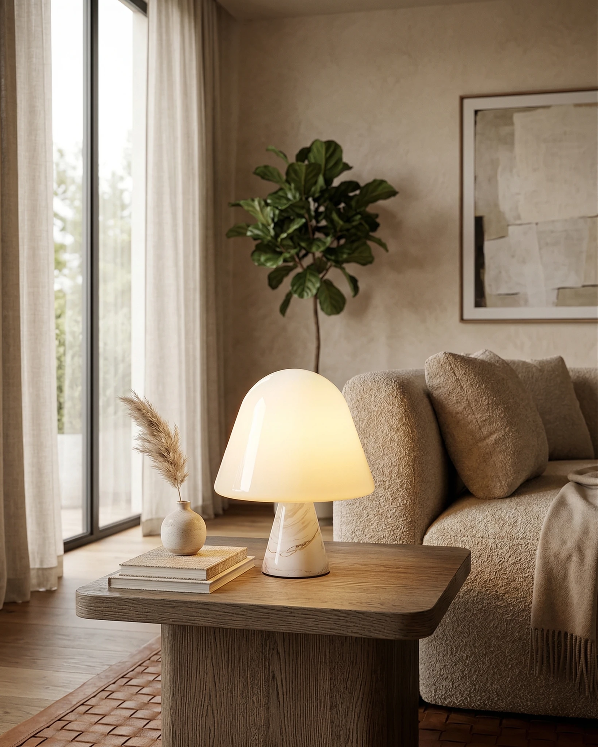 Marble table lamp OLIVA No.04 with white marble base lit on a side table by a beige sofa and a plant